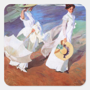 Joaquin Sorolla Women Walking Beach Quadratischer Aufkleber