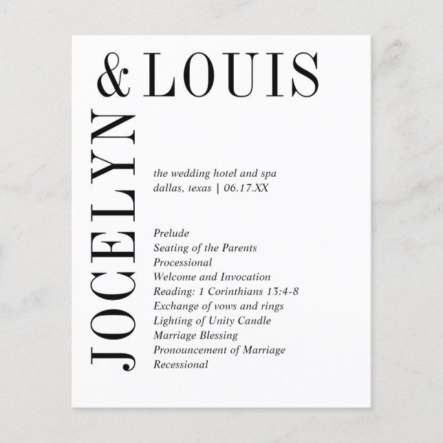 Jocelyn Black and White Modern Wedding Program (Vorderseite)