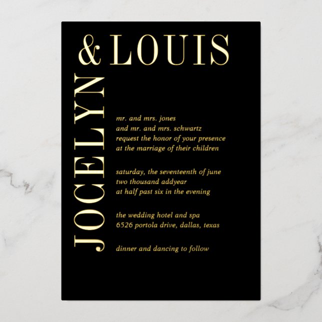 Jocelyn Black Modern Wedding Folieneinladung (Vorderseite)