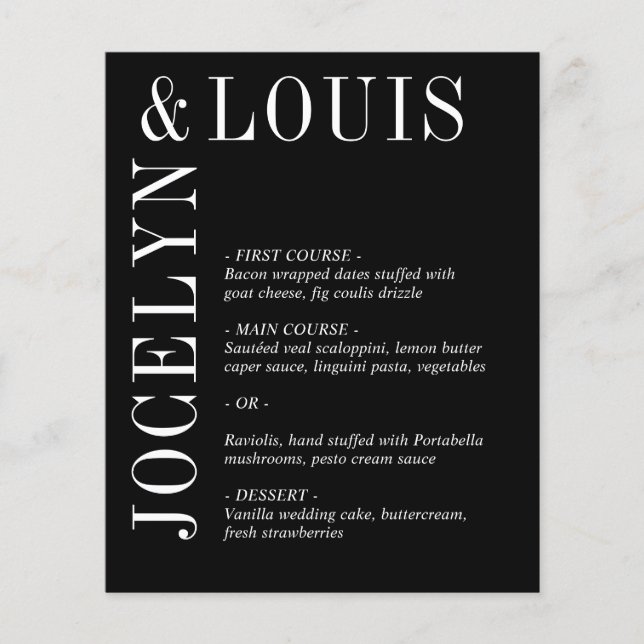 Jocelyn Black Modern Wedding Menu Flyer (Vorne)