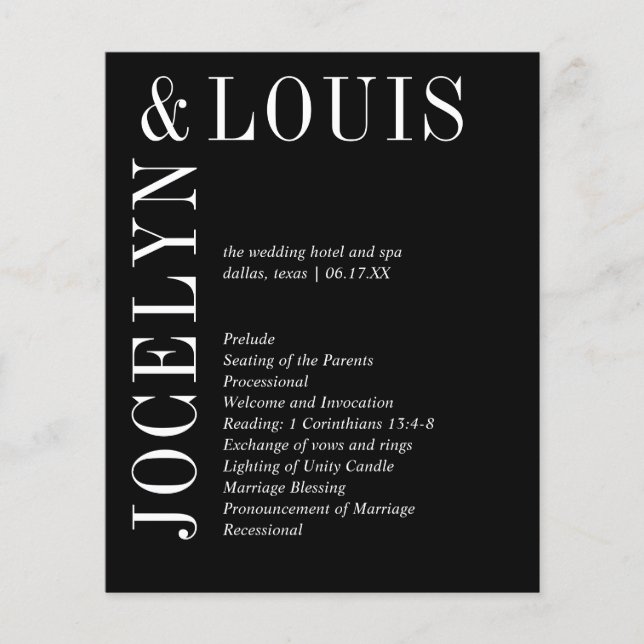 Jocelyn Black Modern Wedding Program (Vorderseite)