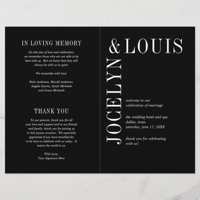 Jocelyn Black Modern Wedding Program Flyer (Vorne)