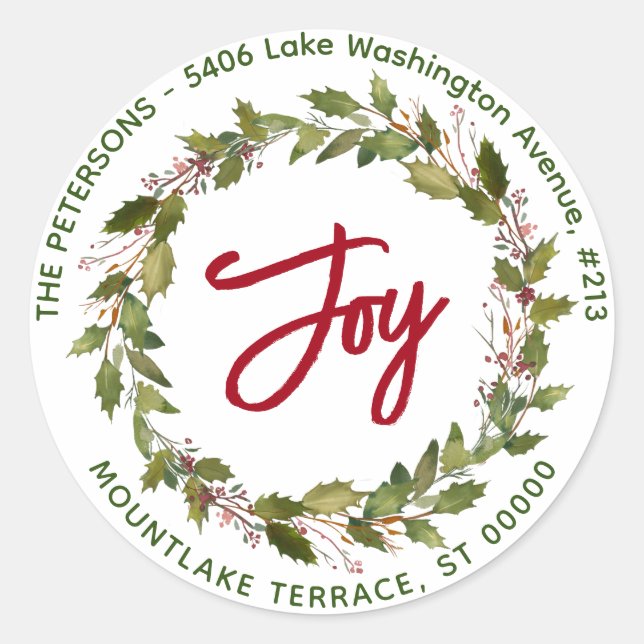 JoChristmas Wreath Holly Berries Rücksendeadresse Runder Aufkleber (Vorderseite)