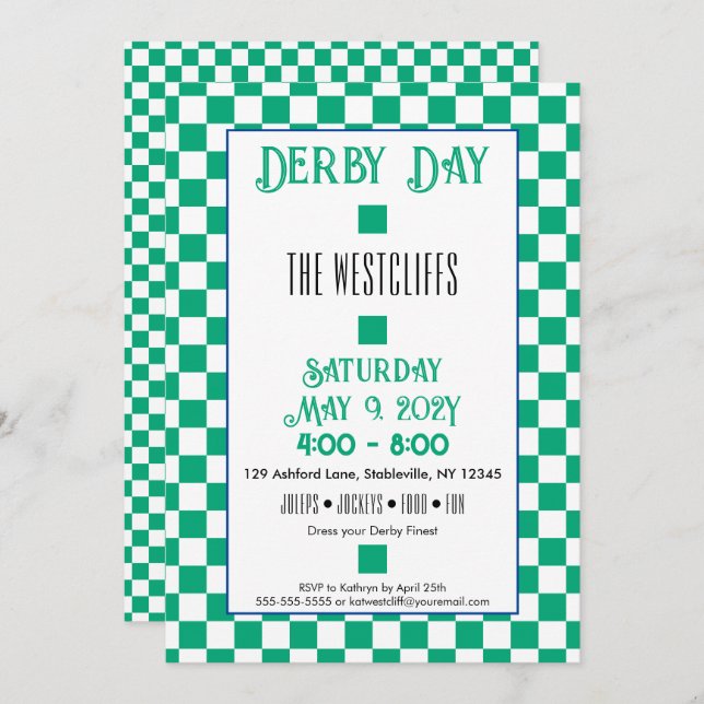 Jockey Silk Blocks Green und White Derby Einladung (Vorne/Hinten)