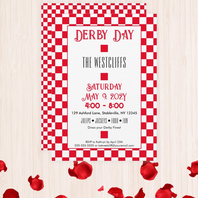 Jockey Silk Checkerboard Rot und Weiß Derby Einladung (Red and White Checkerboard Jockey Silks Derby Horse Racing Party Invitation)