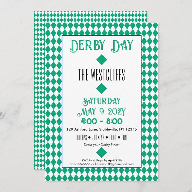 Jockey Silk Diamonds Green und White Derby Einladung (Vorne/Hinten)