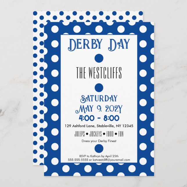 Jockey Silk Dots Blue und White Derby Party Einladung (Vorne/Hinten)
