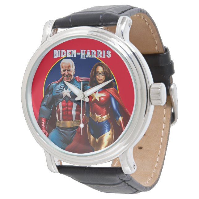Joe Biden und Kamala Harris als Superhelden Armbanduhr (Schrägansicht)