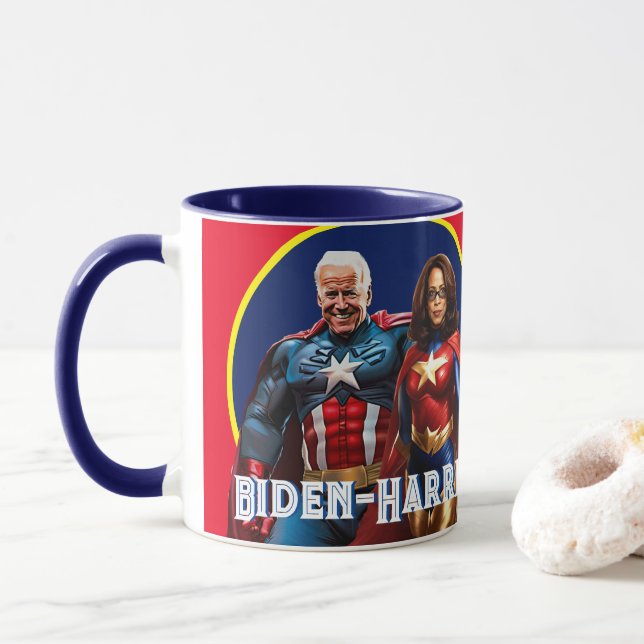 Joe Biden und Kamala Harris als Superhelden Tasse (Mit Donut)