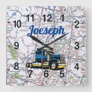 Joeseph's Trucking Road Map Square Wall Clock Quadratische Wanduhr