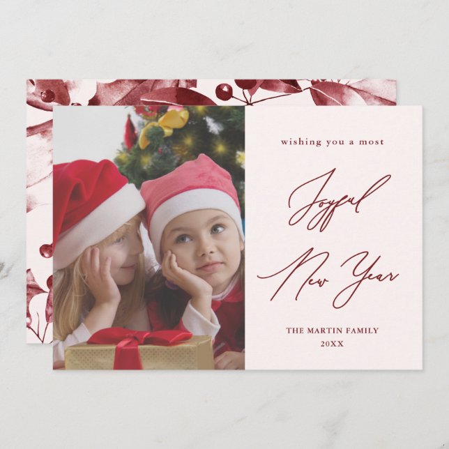 Joful Silvester Winter Botanisches Foto Rotes Foto Einladung (Vorne/Hinten)