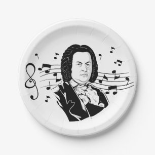 Johann Sebastian Bach Portrait and Bust with Notes Pappteller