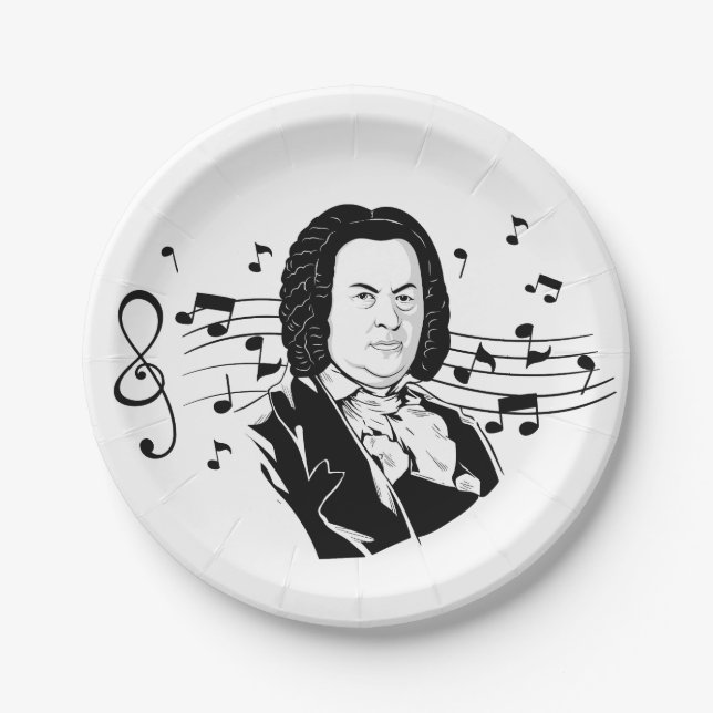 Johann Sebastian Bach Portrait and Bust with Notes Pappteller (Vorderseite)