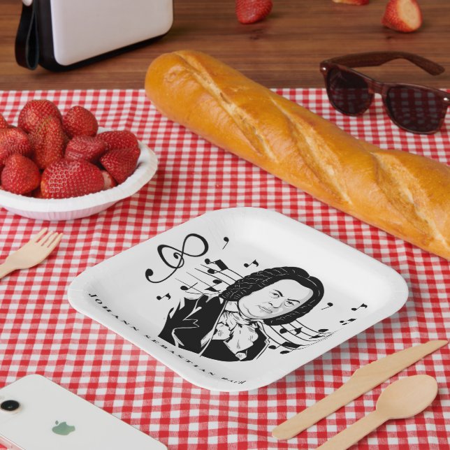 Johann Sebastian Bach Portrait and Bust with Notes Pappteller (Picknick)