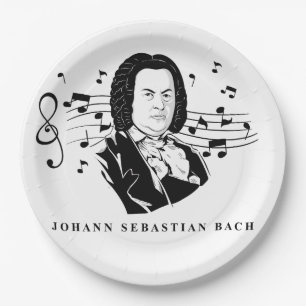 Johann Sebastian Bach Portrait and Bust with Notes Pappteller