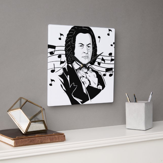 Johann Sebastian Bach Portrait and Bust with Notes Quadratische Wanduhr (Büro)