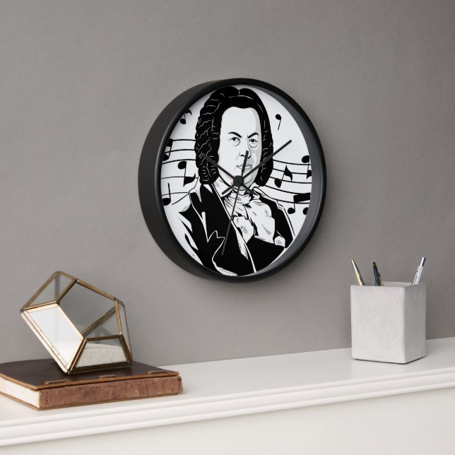 Johann Sebastian Bach Portrait and Bust with Notes Uhr (Büro)