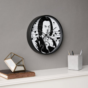 Johann Sebastian Bach Porträt und Büste mit Noten Uhr