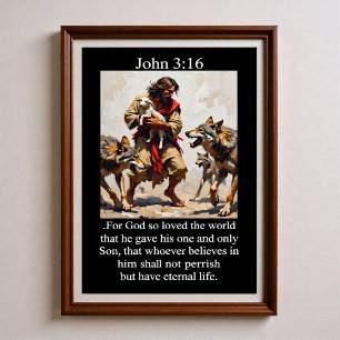 Johannes 3,16 Guter Hirte schützt Lamm vor Wölfen Poster
