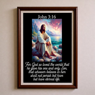 Johannes 3,16 Jesus sitzt an einer felsigen Küste  Poster