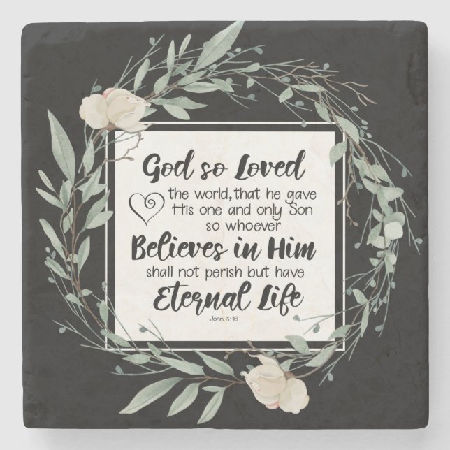 Johannes 3:16 So liebte Gott das World Bible Verse Steinuntersetzer (Vorderseite)