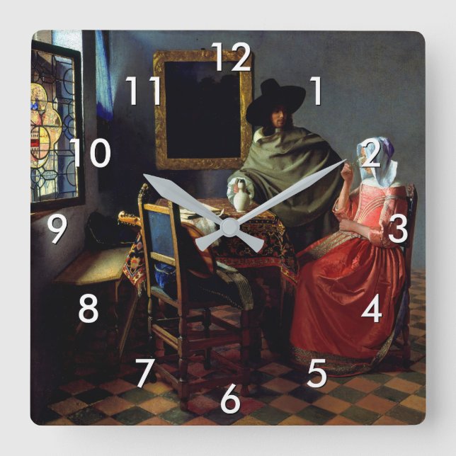 Johannes Vermeer - Das Glas Wein Quadratische Wanduhr (Vorderseite)
