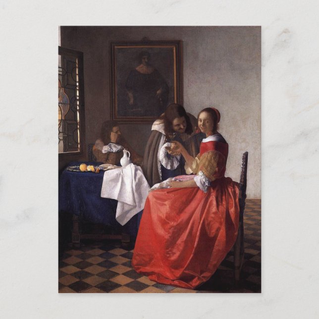 Johannes Vermeer - Eine Frau und zwei Herren Postkarte (Vorderseite)