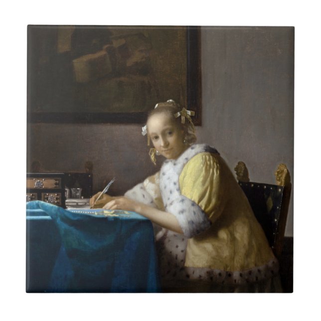 Johannes Vermeer - Eine Lady, die einen Brief schr Fliese (Vorderseite)