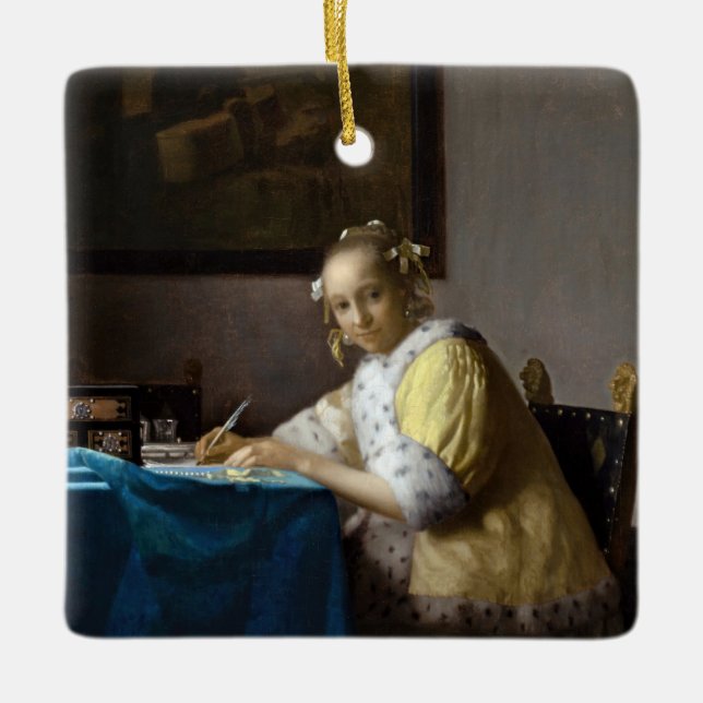 Johannes Vermeer - Eine Lady, die einen Brief schr Keramikornament (Vorderseite)