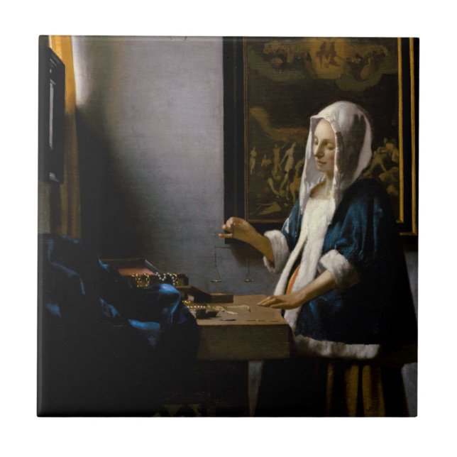 Johannes Vermeer - Frauen, die ein Gleichgewicht h Fliese (Vorderseite)
