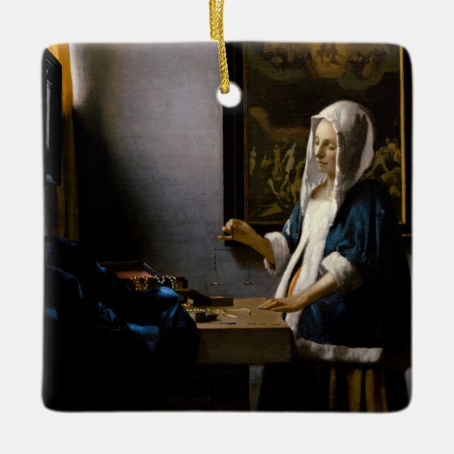 Johannes Vermeer - Frauen, die ein Gleichgewicht h Keramikornament (Vorderseite)
