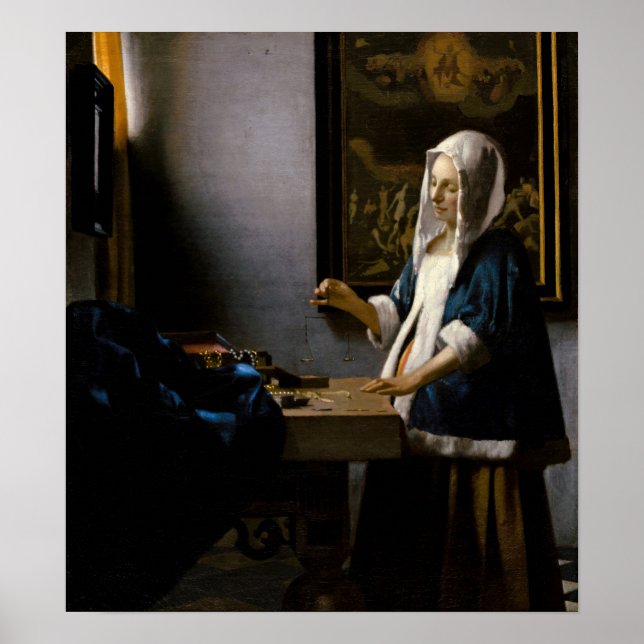 Johannes Vermeer - Frauen, die ein Gleichgewicht h Poster (Vorne)