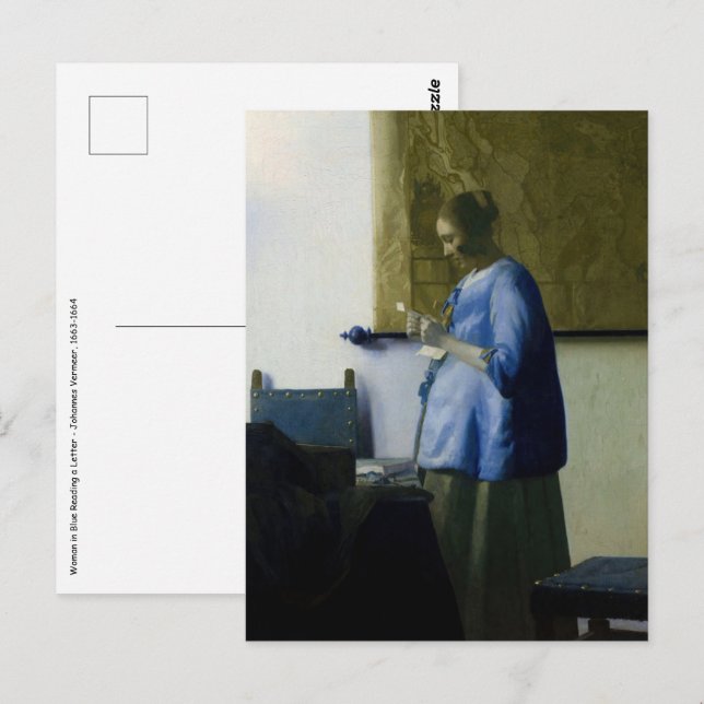 Johannes Vermeer - Frauen in blau lesen einen Brie Postkarte (Vorne/Hinten)