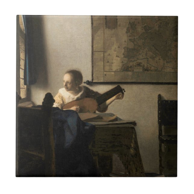 Johannes Vermeer - Junge Frau mit Lute Fliese (Vorderseite)