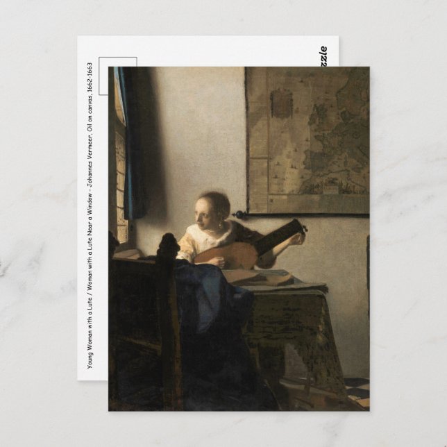 Johannes Vermeer - Junge Frau mit Lute Postkarte (Vorne/Hinten)