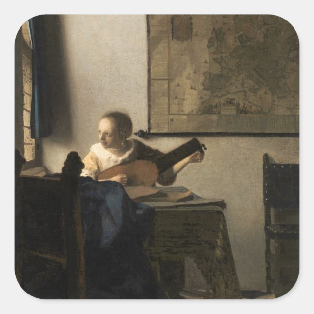 Johannes Vermeer - Junge Frau mit Lute Quadratischer Aufkleber (Vorderseite)