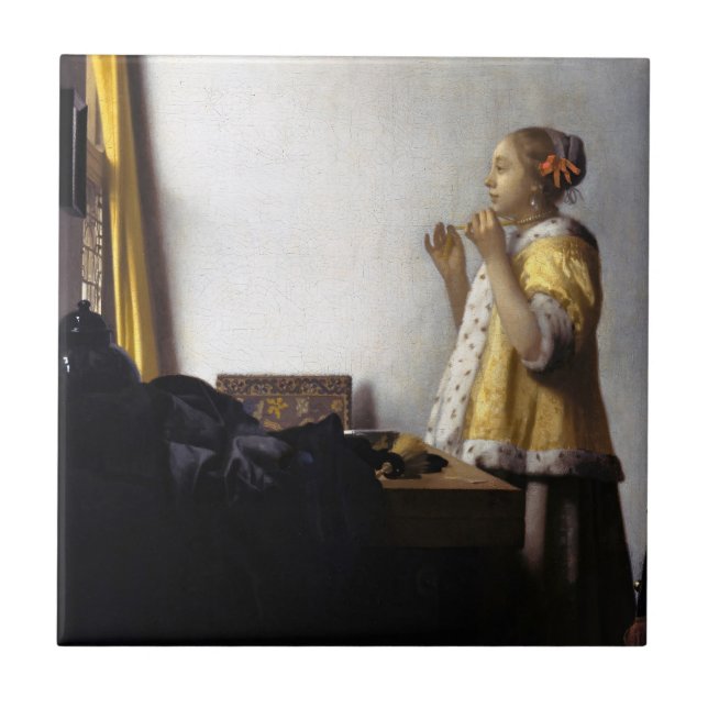 Johannes Vermeer - Junge Frau mit Pearl Necklace Fliese (Vorderseite)