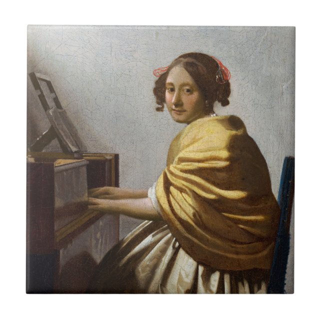 Johannes Vermeer - Junge Frau sitzt bei Virginal Fliese (Vorderseite)
