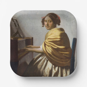 Johannes Vermeer - Junge Frau sitzt bei Virginal Pappteller