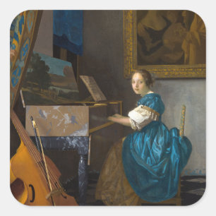 Johannes Vermeer - Lady sitzt bei einer Jungfrau Quadratischer Aufkleber
