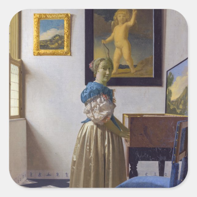 Johannes Vermeer - Lady Stehend bei einer Jungfrau Quadratischer Aufkleber (Vorderseite)