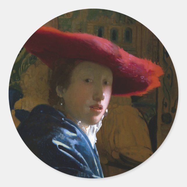 Johannes Vermeer - Mädchen mit einem Red Hat Runder Aufkleber (Vorderseite)