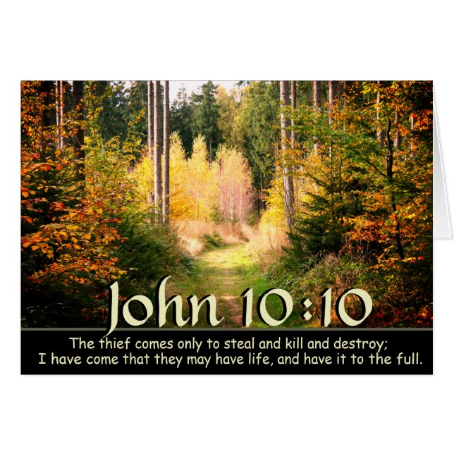 John 10 10 Bibel Verse, Fall Forest Path.Card (Vorderseite (Horizontal))