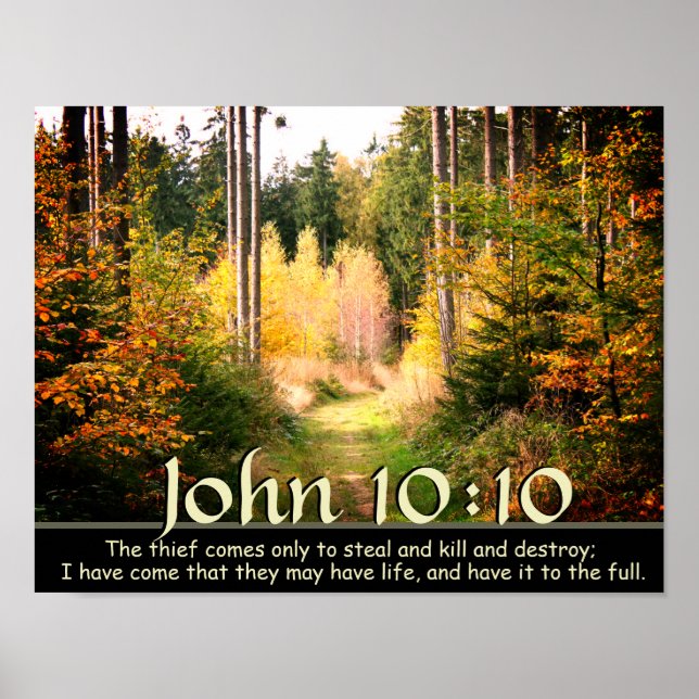 John 10:10 Schrift, Herbstwaldpfad. Poster (Vorne)