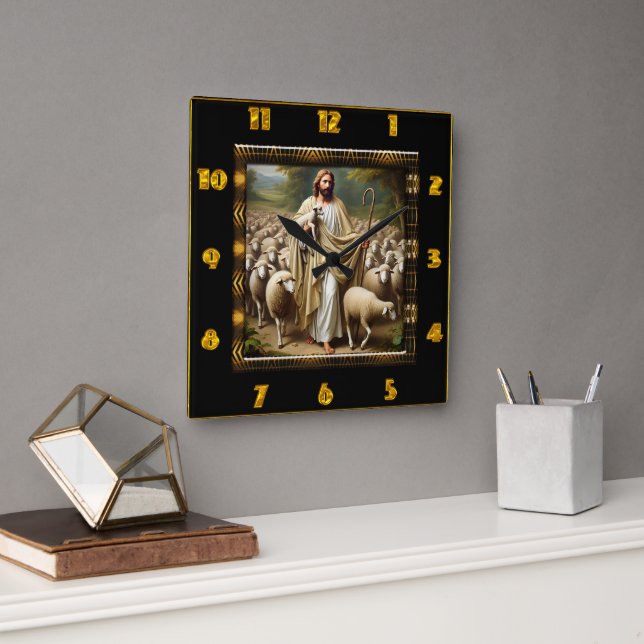 John 10:7 Golden Shepherd Loving Scene Quadratische Wanduhr (Büro)
