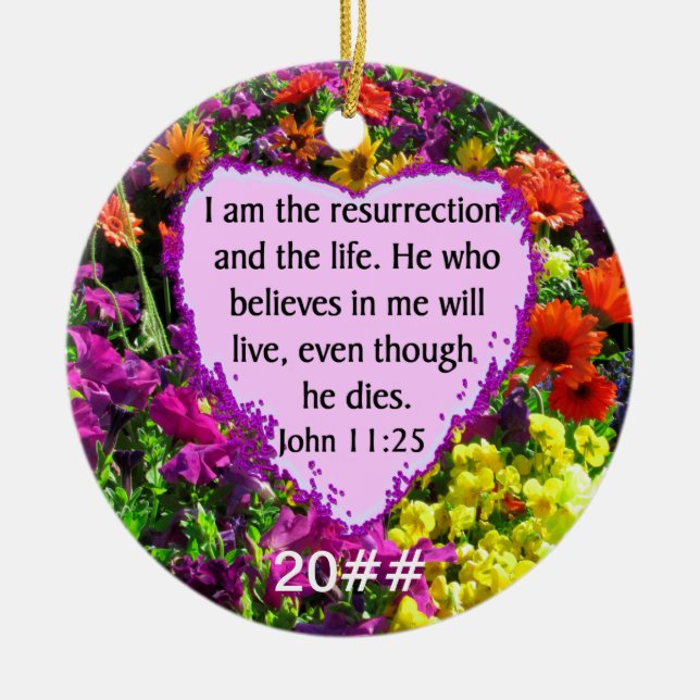 JOHN 11:25 LILA WILD-BLUME KERAMIK ORNAMENT (Vorne)