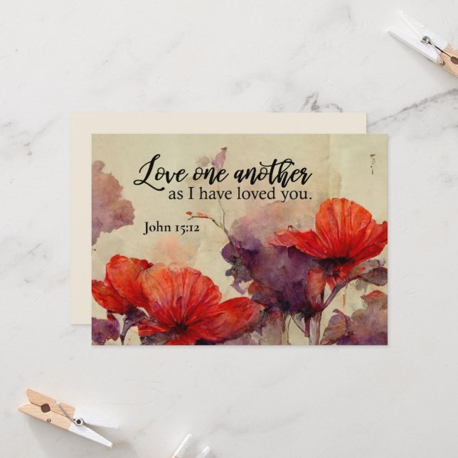 John 15:12 Liebe Bible Verse Red Floral Flat Card (Vorderseite/Rückseite Beispiel)