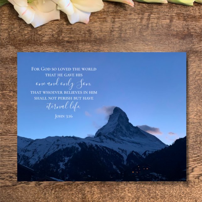 John 3:16 Benutzerdefinierter Text | Schweizer Alp Postkarte (John 3:16 in modern typography on my original photo of the Matterhorn at sunset, a lovely faith card)