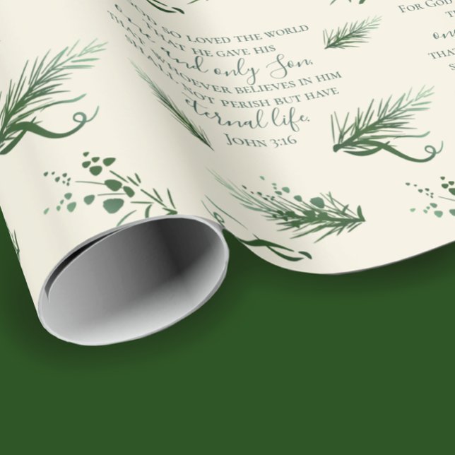 John 3:16 Bible Custom Modern Sage Christmas Geschenkpapier (John 3:16 custom inspirational Bible verse Christmas wrapping paper. Elegant hand drawn pine  & bows)