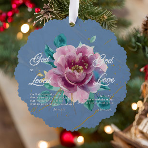 John 3 16 Bible Verse Blue Pink Floral Christlich Ornament Karte